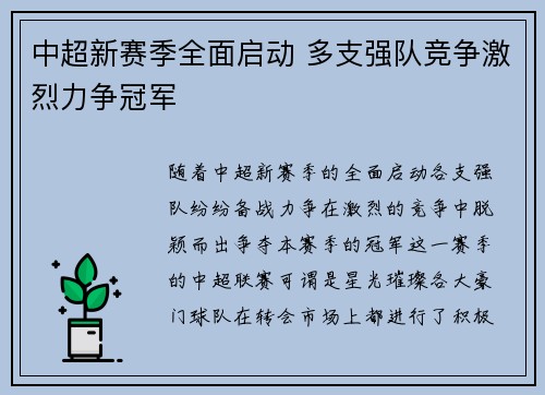 中超新赛季全面启动 多支强队竞争激烈力争冠军